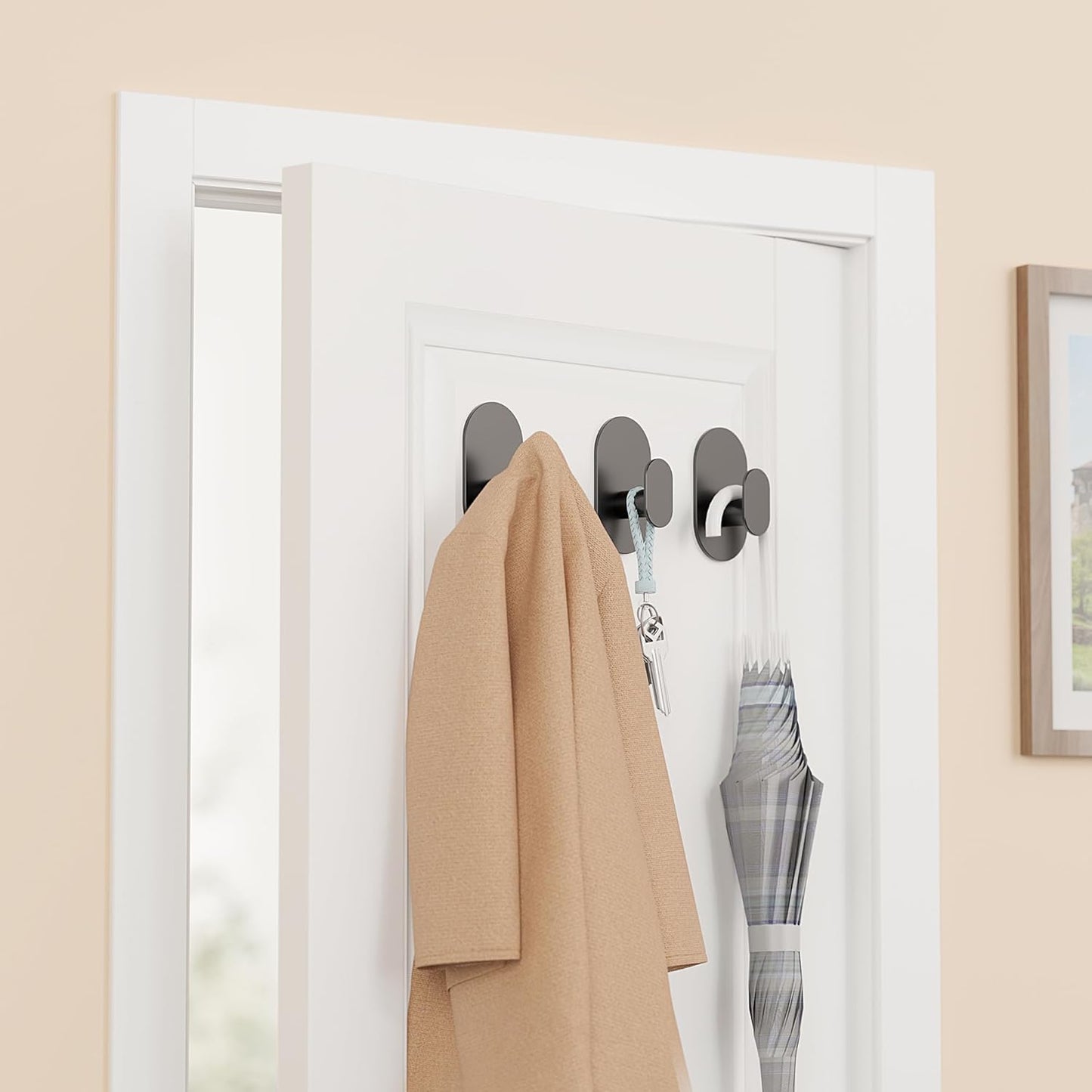 Aikzik Black Adhesive Hooks Heavy Duty-Max 26lb, Wall Hooks for Shower, Bathroom, Towel, Coat, Robe, Stainless Steel Hooks for Hanging, Sticky Hooks for Walls No Damage- 4 Pack