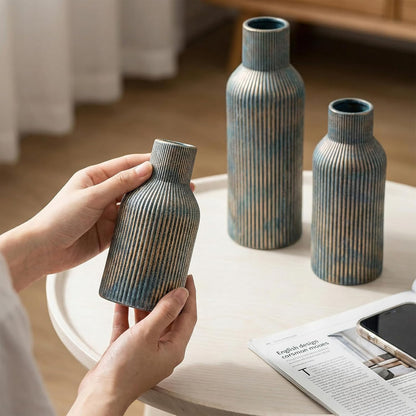White Ceramic Flower Vases Set of 3, Modern Matte Vertical Ribbed, Nordic Minimalist Decor for Pampas, Dried & Fresh Flowers, Centerpiece for Living Room, Shelf, Entryway, Wedding,Office