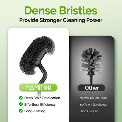 HAMITOR Toilet Brush and Holder Set: 304 Stainless Steel Heavy Duty Bowl Cleaner Brush - Deep Cleaning Under Rim Curved Bristle - Space Saving Wall-Mounted for Home RV Bathroom Accessories Silver