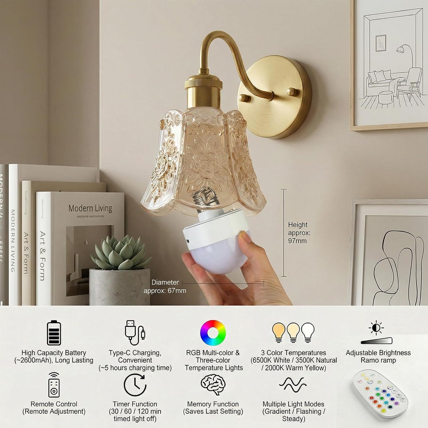 YUNICE Rechargeable Wall Sconces Set of 2 Battery Operated Wall Sconce with Remote Control Dimmable Cordless Wall Lamp with Amber Glass Lampshade Antique Brass Wall Lights for Bedroom Living Room