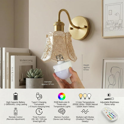 YUNICE Rechargeable Wall Sconces Set of 2 Battery Operated Wall Sconce with Remote Control Dimmable Cordless Wall Lamp with Amber Glass Lampshade Antique Brass Wall Lights for Bedroom Living Room