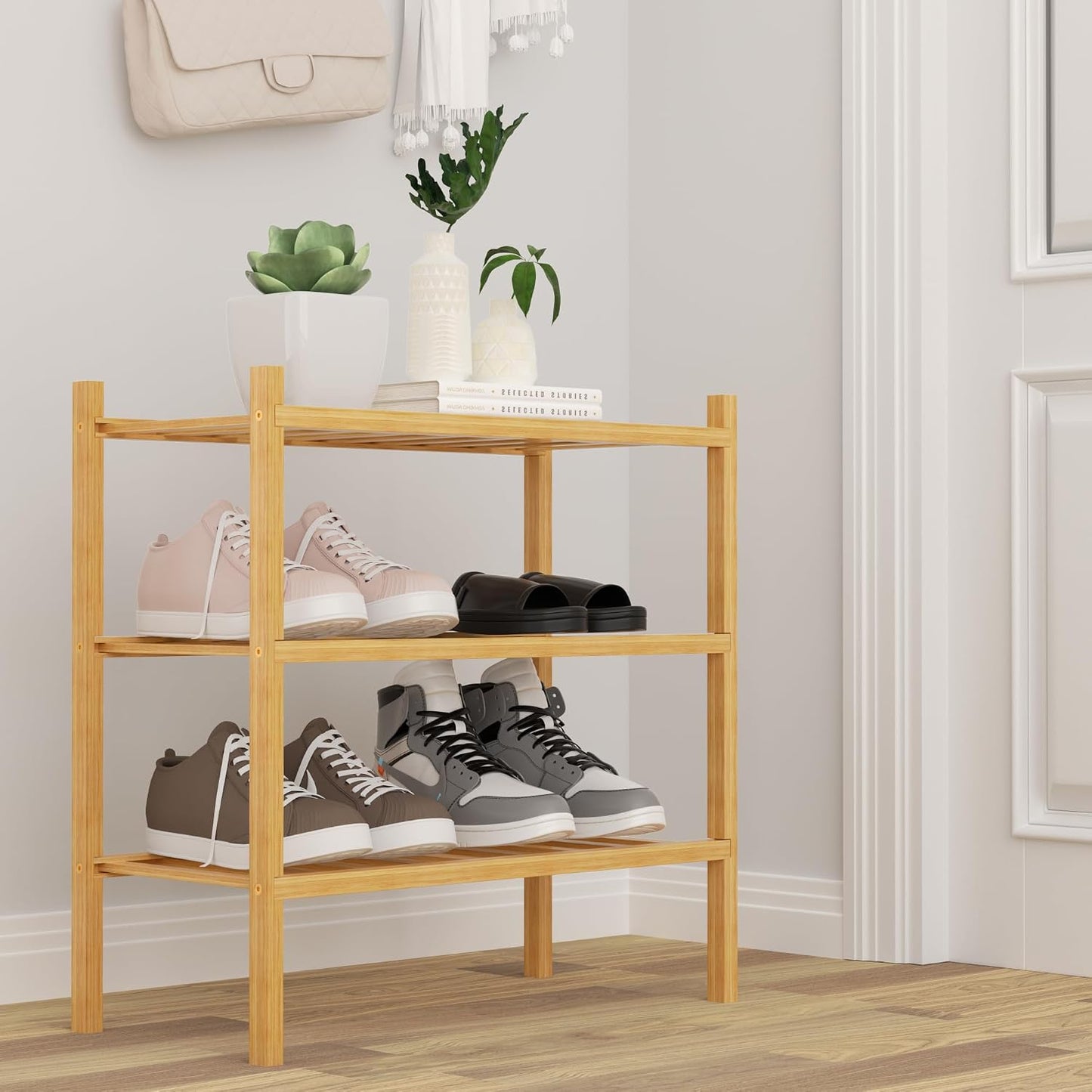 ROMGUAR CRAFT 3 Tier Bamboo Shoe Rack for Closet Free Standing Wood Shoe Shelf Storage Organizer for Entryway Small Space Stackable 27"x11"x20" (Natural)