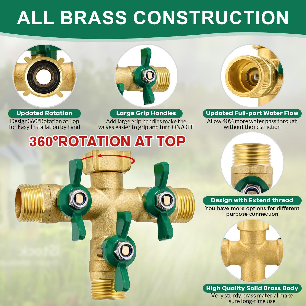 Garden Hose Splitter 2 Way, Heavy Duty Brass Hose Splitter, 3/4" GHT Hose Y Splitter with Shutoff, Full Flow Outdoor Faucet Splitter, Water Hose Y Valve Tap Adapter