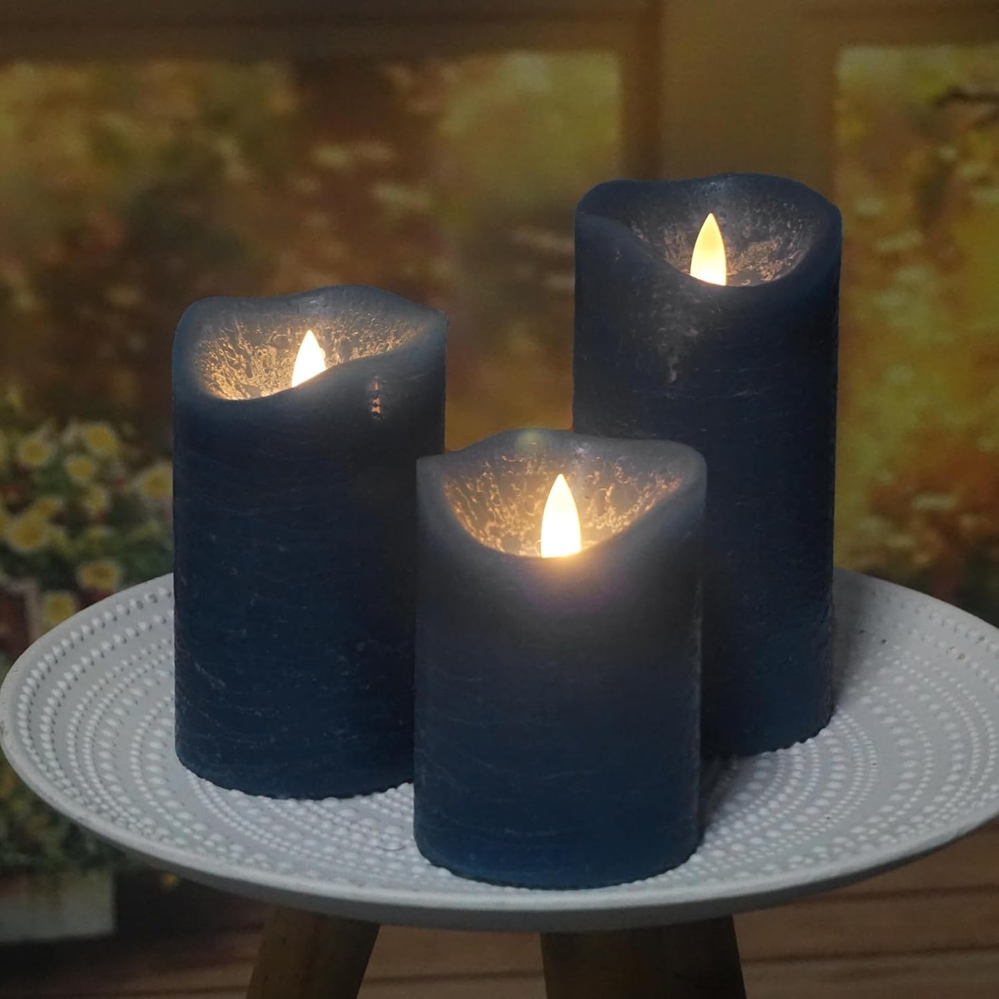 Battery Operated Flameless Candles with Remote Timer Real Wax Realistic Bright Flicker Flickering Electric Electronic LED Pillar Lights Home Wedding Party Decorations Set of 3 Rustic Texture Gray Grey