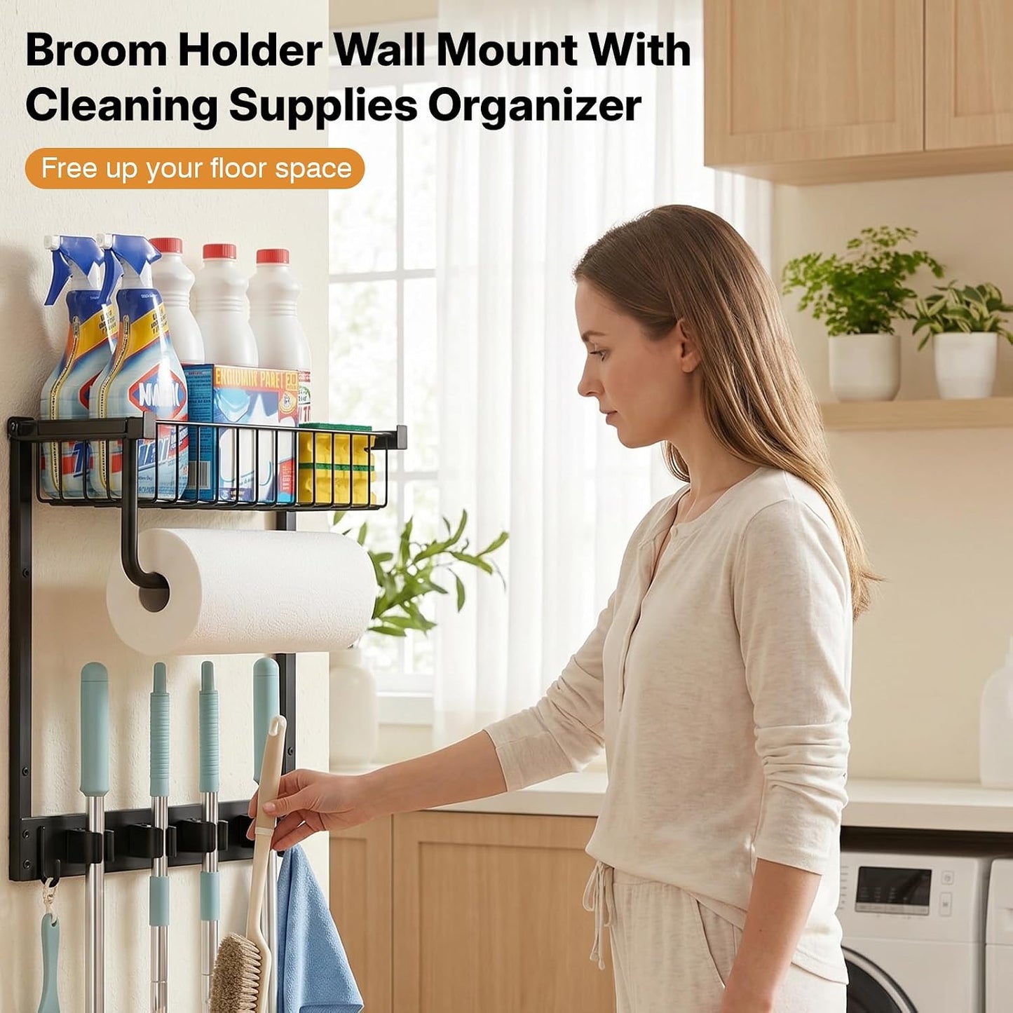Broom Holder Wall Mount, Broom and Mop Organizer Wall Hanging with Paper Towel Holder & Removable Anti-fall Basket, Wall Mount Cleaning Supplies Organizer for Laundry Room, Apartment, Utility Room
