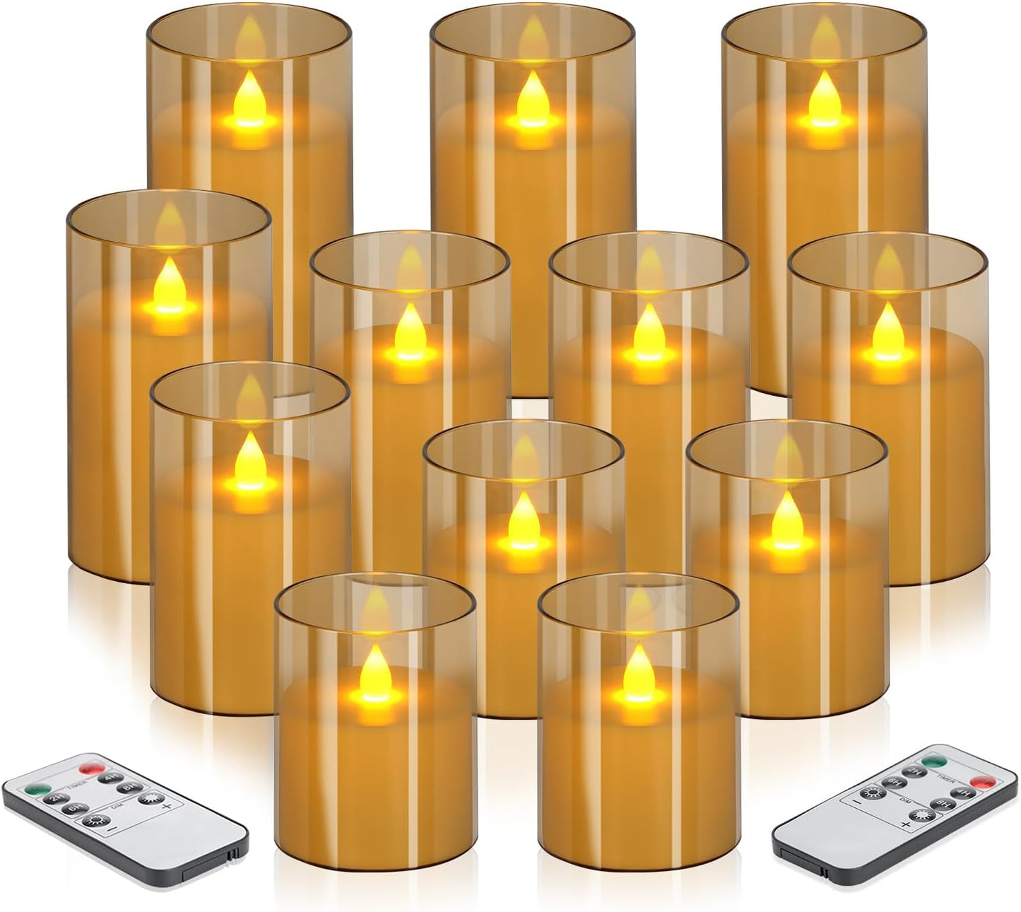 wemarry Flameless Candles 4" 5" 6" Acrylic Glass Pillars 3" Diameter Battery Operated Flickering Candles Include 8-Key Remote with Timer Function 400+ Hours (Amber, Warm Light 3 Pack)