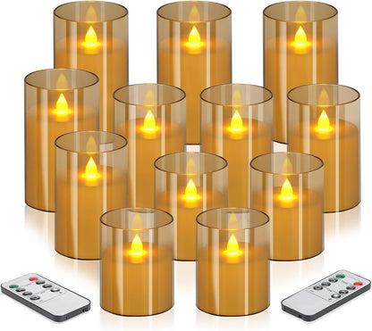 wemarry Flameless Candles 4" 5" 6" Acrylic Glass Pillars 3" Diameter Battery Operated Flickering Candles Include 8-Key Remote with Timer Function 400+ Hours (Amber, Warm Light 3 Pack)