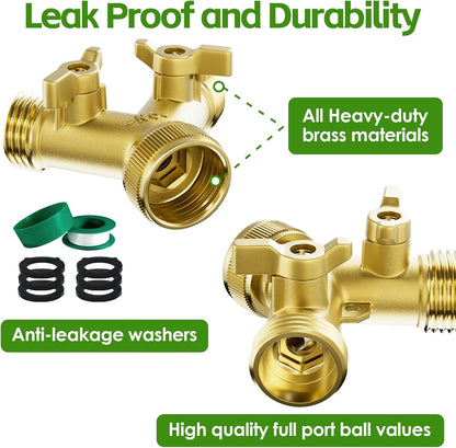 SPECILITE Heavy Duty Brass Garden Hose Splitter 2 Way, Water Hoses Y Connector with 6 Extra Rubber Washers, 1 Teflon Tape for Water Tap, Outlet