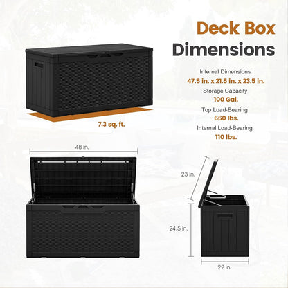 Greesum 110 Gallon Outdoor Storage Box with Lockable Lid, All-Weather for Patio Furniture, Pool Supplies & Garden Tools, Waterproof, UV-Resistant Large Deck Box, Dark Black