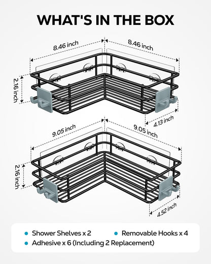 Nieifi Corner Shower Shelves Stainless Steel, Adhesive Shower Caddy Basket Rack with Hooks, Rust Proof for Bathroom Shelf Shampoo Holder (Silver, 2 Pack)