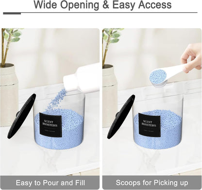 3+1 Pack Laundry Pods Containers & Dryer Sheet Holder & Laundry Detergent Dispenser, Laundry Room Organization and Storage Jars with Lids, Labels and Scoops for Scent Booster Powder Pods, Black Lid