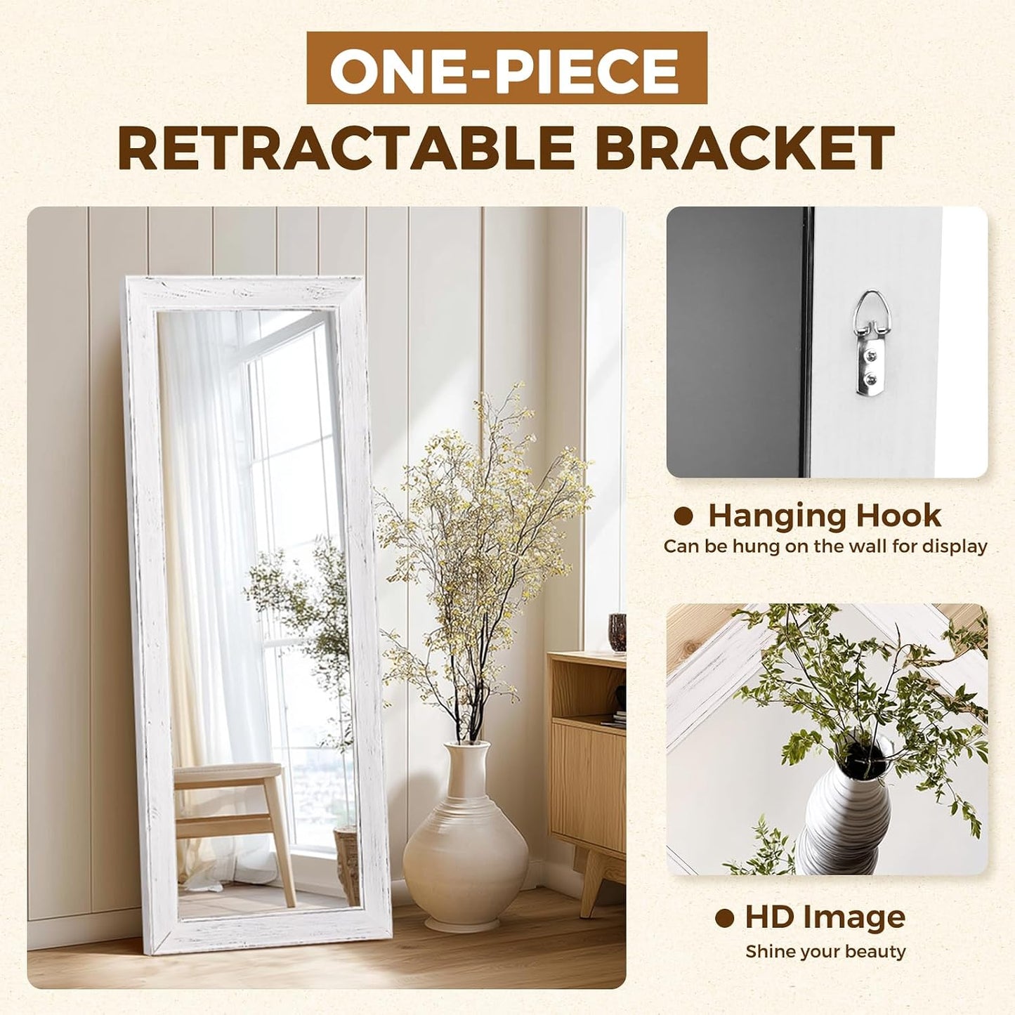 Solid Wood Full Length Mirror - 65"x22" Arched Floor Mirror, Free Standing & Wall Mounted - Elegant Design for Bedroom, Dressing Room, Hallway, Brown