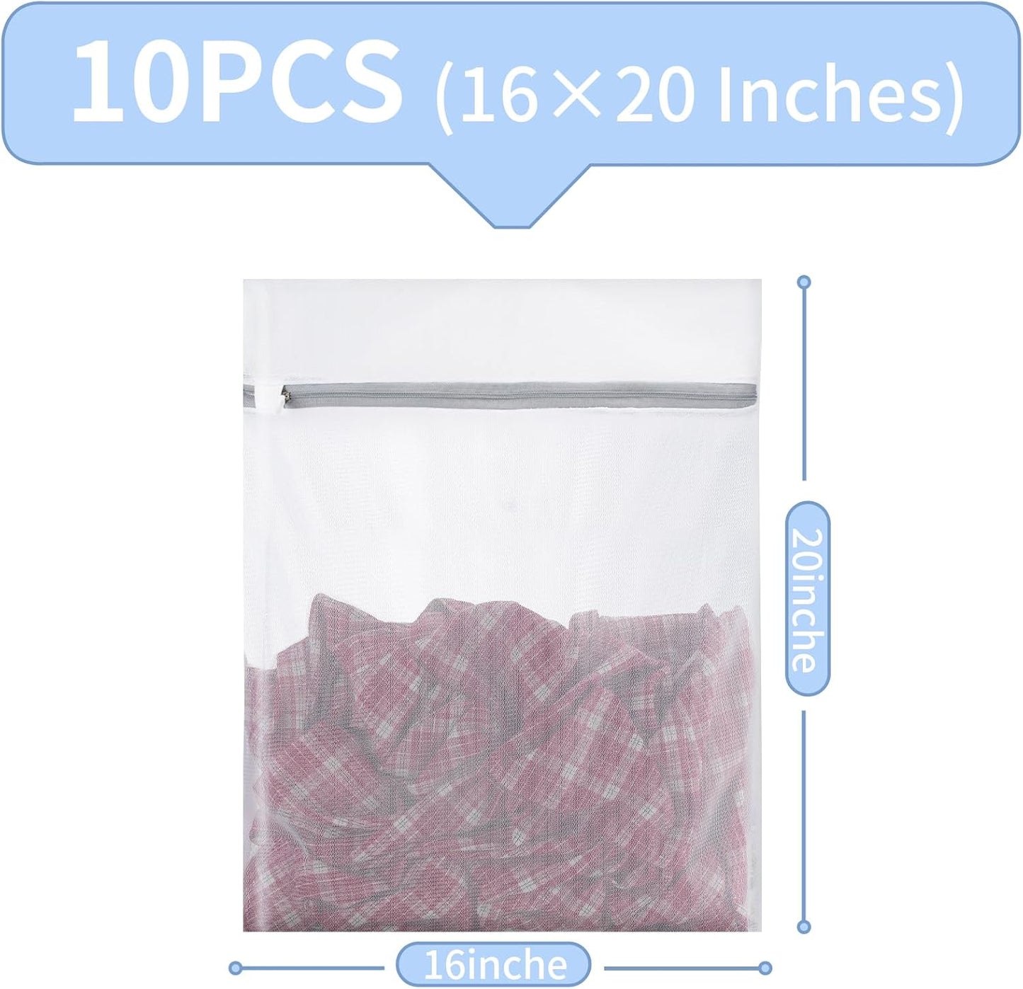 10 Pcs Mesh Laundry Bags,16 x 20 Inches Delicate Wash bags for Home College Dorm,Washable Zipper Design Travel Mesh Laundry for Clothes, lingerie, Sheet, Shoes