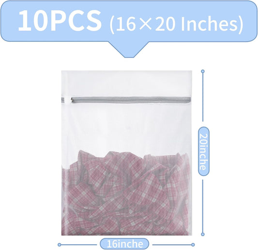 10 Pcs Mesh Laundry Bags,16 x 20 Inches Delicate Wash bags for Home College Dorm,Washable Zipper Design Travel Mesh Laundry for Clothes, lingerie, Sheet, Shoes
