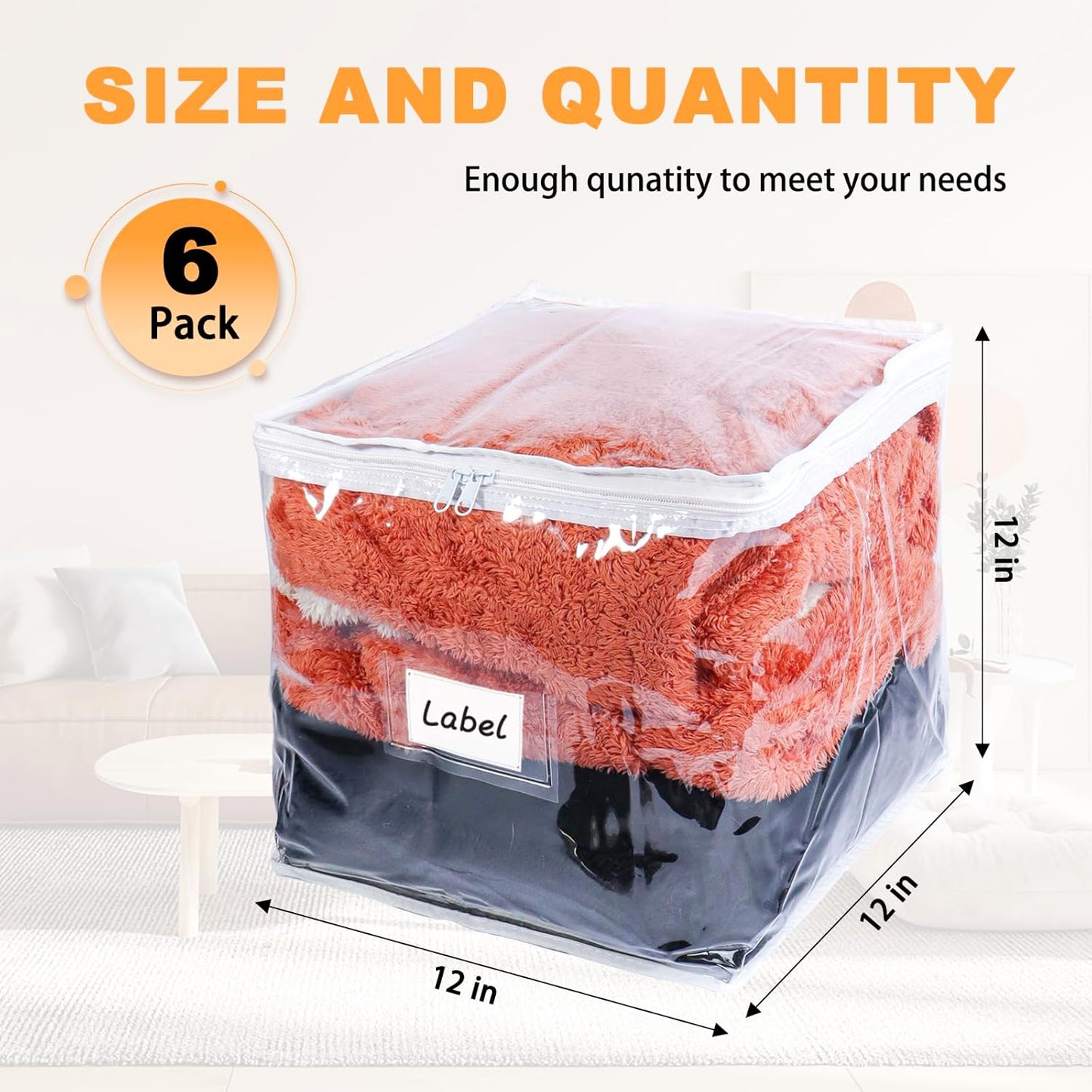 Clear Zippered Storage Bags Plastic Sweater Storage Bags with Zipper 6 Packs Clothing Organizer for Blankets Linen Sweater Bed Sheet Quilt Clothes Pillow (15.7 x 13.8 x 3.9 Inch, White)