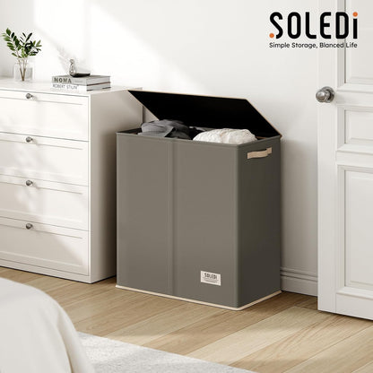 SOLEDI Luxury Double Laundry Hamper with Lid and Removable Bags, 38.3 Gal Large Laundry Bin, Laundry Basket 2 Sections, Collapsible Clothes Hamper for Bedroom, Laundry Room, Bathroom, Off-white