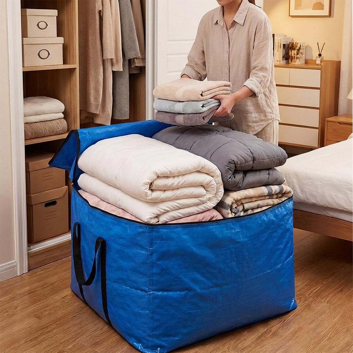Extra Large Cube Moving Bags (Blue, 25"x25"x25") | Heavy Duty, Water-Resistant, Foldable, For Clothes, Bedding, Blankets & Pillows, Reusable Alternative to Moving Boxes