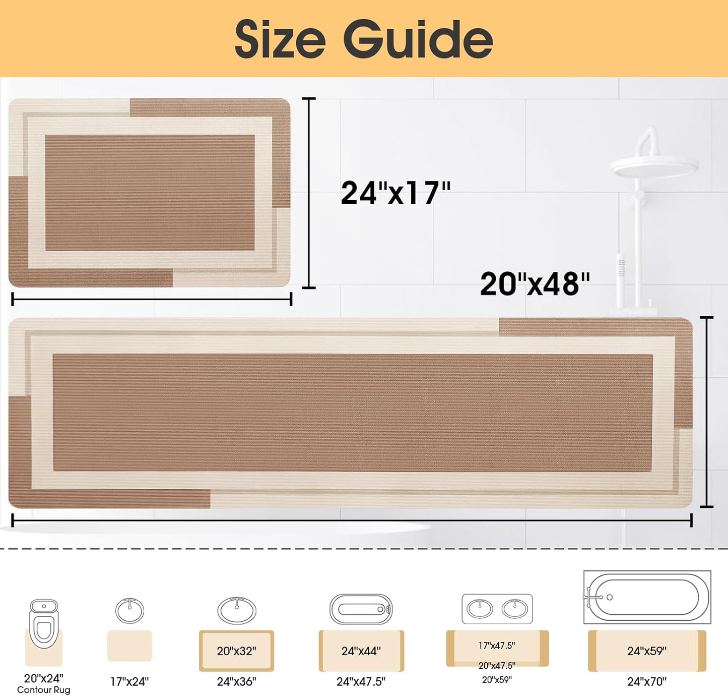 ACCUMTEK Non Slip Bath Mat, Thin Bathroom Rugs Fit Under Door, Quick Dry Bath Mats, Machine Washable Bath Rugs for Bathroom, Bathtub & Kitchen, Grey/Bordered/24 x17
