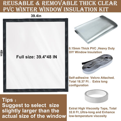 Window Insulation Kit for Winter Adjustable Plastic Insulated Window Cover Sealer Reusable Thermal Thicken Clear Insulation Wrap Transparent Film with Hook and Loop Tape for Winterizing 48'' x 63''