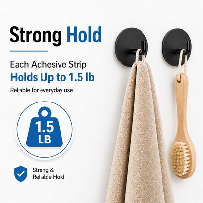 Removable Towel Hooks for Bathrooms, Heavy Duty Adhesive Hooks for Walls No Damage, Black Home Storage Hooks for Inside Shower, Sticky Hooks for Hanging Robe Coat Loofah Clothes Kitchen, 14Pcs Sus304