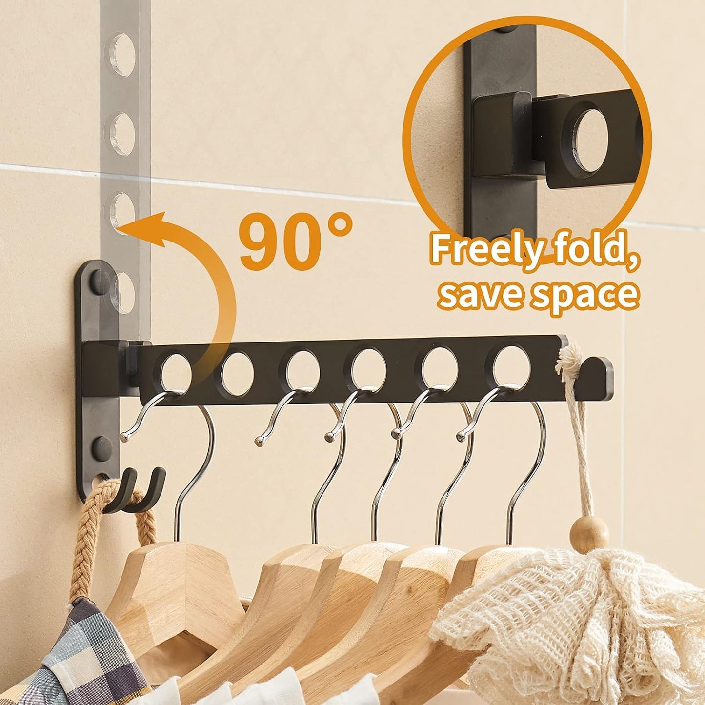 JOOM Wall Mounted Clothes Drying Rack, Black, 1 Pack | Folding Clothes Hanger for Laundry Room, Retractable wall hanger folds flat, saves space in closets, bathrooms, Small Spaces