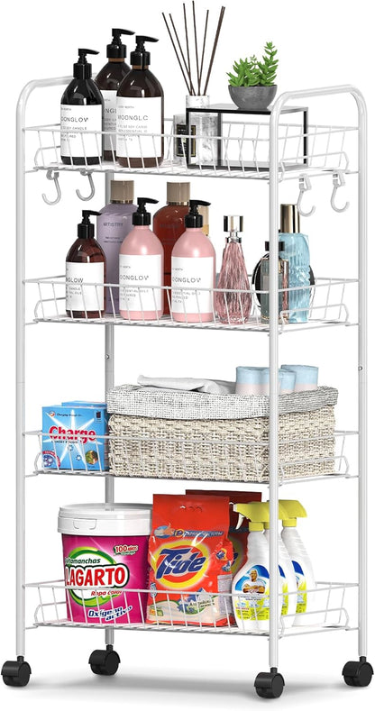 Mythinglogic 4 Tier Rolling Cart with 360° Wheels, Snack Cart, Removable Wire Baskets, Metal Utility Storage Rack for Kitchen, Bathroom, Laundry Room, Office