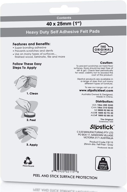 Slipstick Premium Wool Felt Furniture Pads/Floor Protectors (1 Inch Round Value Pack) Includes 40 Heavy-Duty Felt Chair Leg Pads with Self-Stick Adhesive, Gray, CB115
