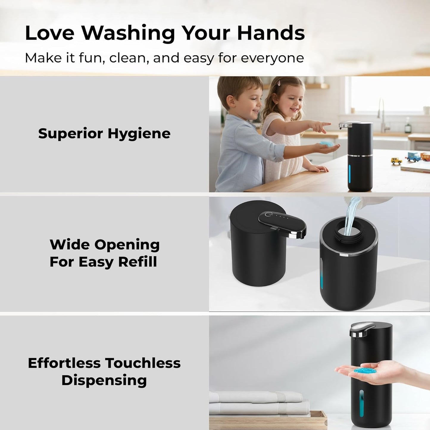 Automatic Touchless Foam Soap Dispenser - USB-C Rechargeable Foaming Soap Pump, IPX5 Waterproof for Bathroom & Kitchen, 12.8oz, Wall Mount or Countertop (Black)