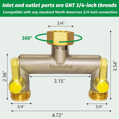 Garden Hose Splitter, Water Hose Splitter 2 Way Heavy Duty Brass Nickel Plated, Extended Metal Handle 3/4-Inch Hose Manifold, Rust and Freeze Resistant High Flow Outdoor Faucet Splitter