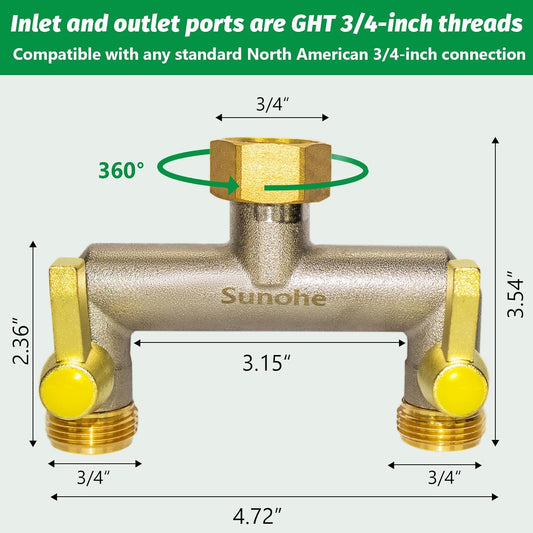 Garden Hose Splitter, Water Hose Splitter 2 Way Heavy Duty Brass Nickel Plated, Extended Metal Handle 3/4-Inch Hose Manifold, Rust and Freeze Resistant High Flow Outdoor Faucet Splitter