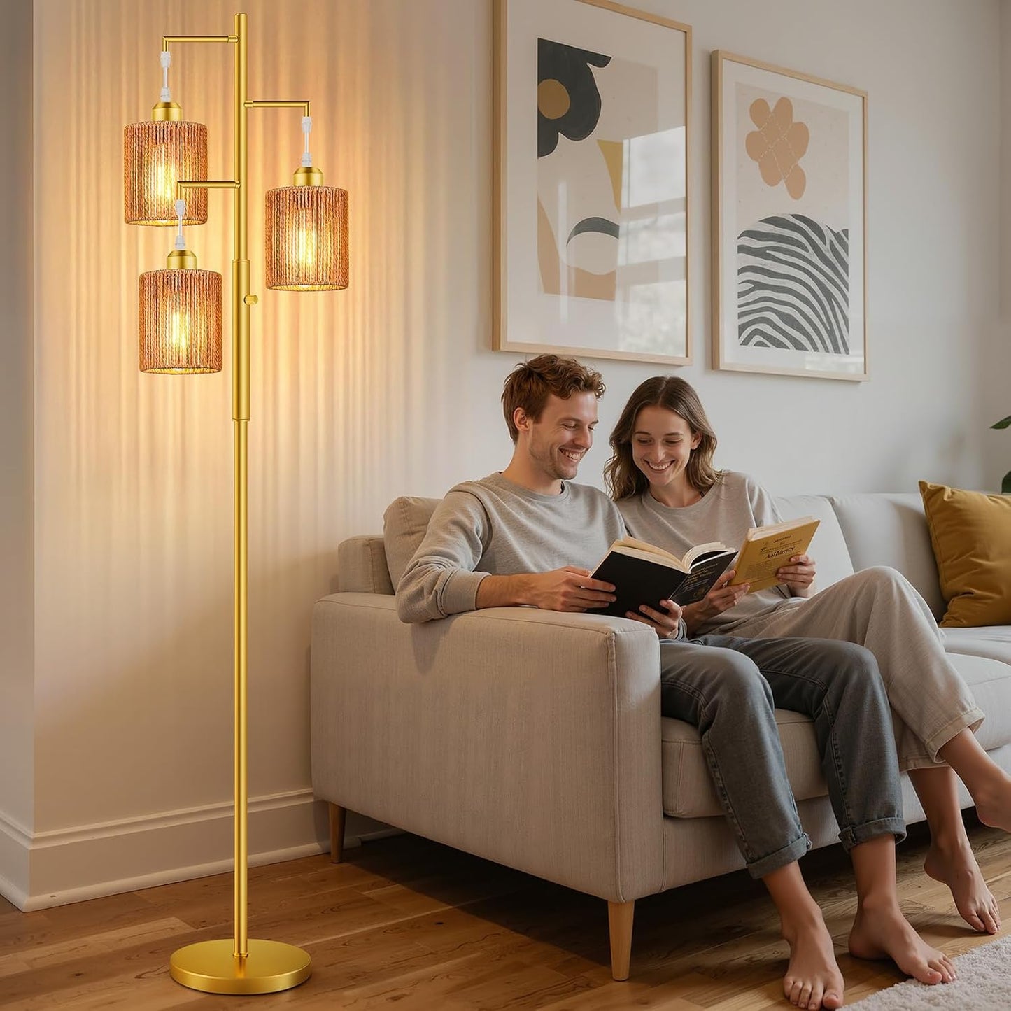 Hotsonic 72" Tall Boho Rattan Style Floor Lamp with Hand-Woven Paper Cord Shade, Dimmable Industrial Tree Standing Lamp for Living Room, Bedroom, Study Room, Office (3 x 800LM Bulbs Included) - Black