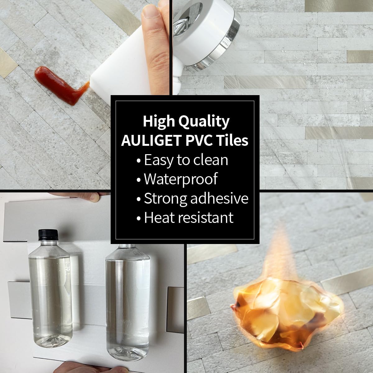 AULIGET 20 Sheets Peel and Stick Backsplash, Black & Grey Wood Look PVC Mixed Metal Stick on Backsplash Tiles for Kitchen