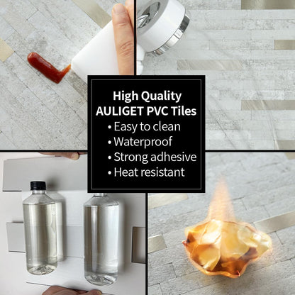 AULIGET 20 Sheets Peel and Stick Backsplash, Black & Grey Wood Look PVC Mixed Metal Stick on Backsplash Tiles for Kitchen