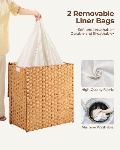 Greenstell Laundry Hamper with 2 Removable Liner Bags, Foldable Divided Clothes Hamper, 90L Handwoven Rattan Laundry Basket with Lid and Handles, No Assembly Needed, 18.3x13.3x24 Inches, Black