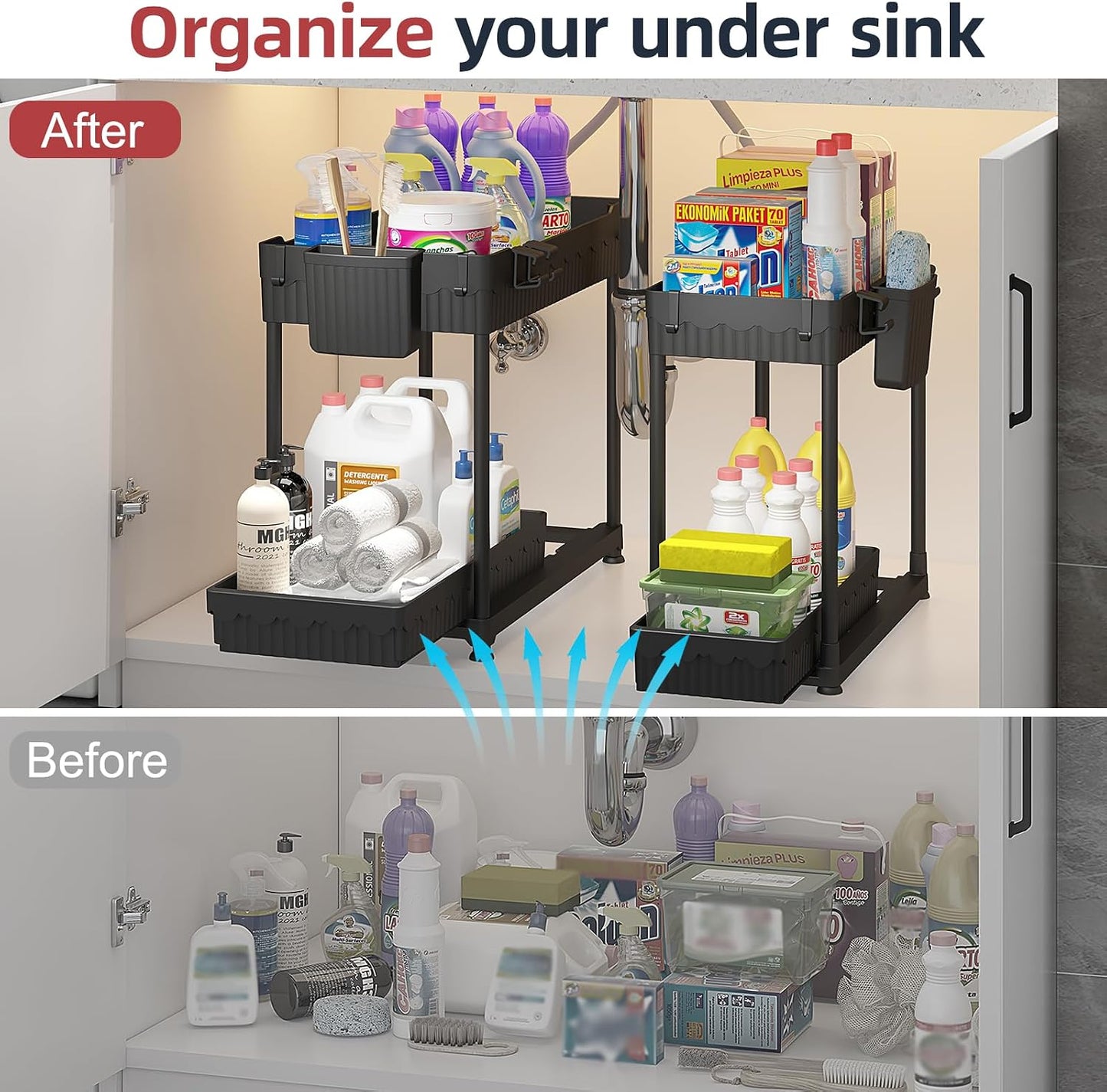Sevenblue 4-Pack 2-Tier Under Sink Organizer with Pull Out Drawers | Multi-use kitchen & bathroom storage. Includes hanging hooks and cups. Black, space-saving cabinet design.