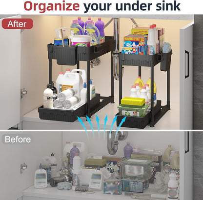 Sevenblue 4-Pack 2-Tier Under Sink Organizer with Pull Out Drawers | Multi-use kitchen & bathroom storage. Includes hanging hooks and cups. Black, space-saving cabinet design.