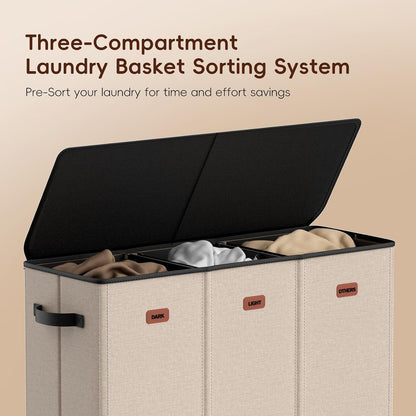 185L Laundry Hamper 3 Section, Laundry Hamper with Lid, Dirty Clothes Hamper with 3 Removable Washing Bags, Extra Large Laundry Basket Organizer for Bedroom, Laundry Room, Dorm - Black