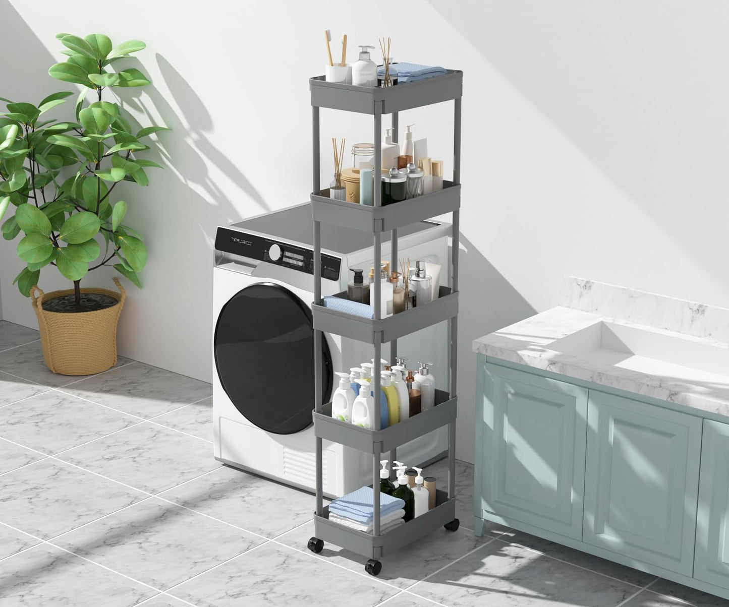 Sooyee 3 Tier Rolling Cart with Wheels, Slim Storage Cart, Under Desk Narrow Rolling Utility Cart Storage Organizer for Office Bathroom Kitchen Laundry Room Narrow Places, White, Plastic and Metal