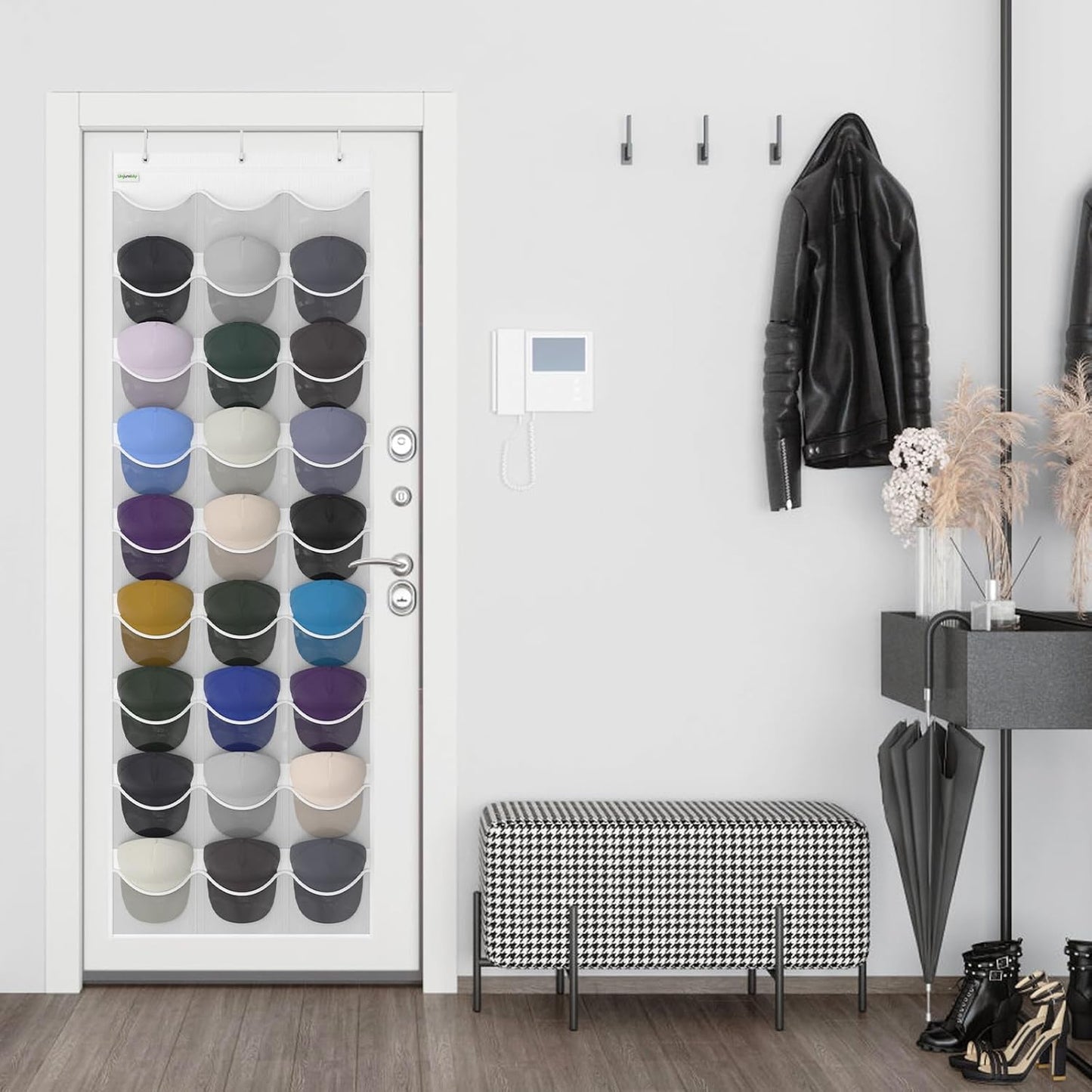 Baseball Hat Rack, 24 Pocket Over-The-Door Hat Organizer with Clear Deep Pockets to Display Baseball Caps Collection, Complete with 3 Over Door Hooks (Black, 24 Pockets)