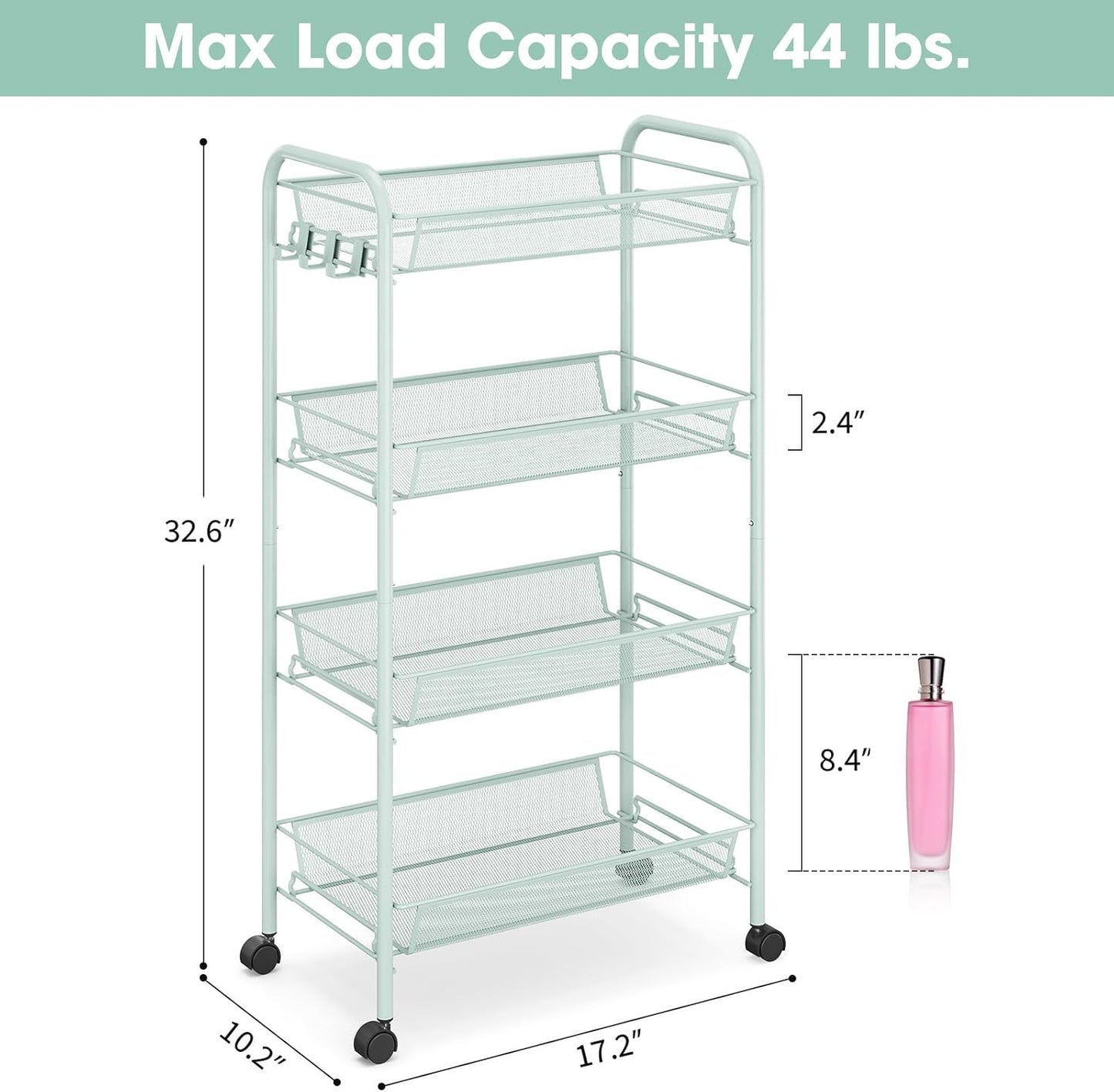 TOOLF 3-Tier Metal Rolling Cart, Mesh Wire Easy Assemble Utility Cart, Storage Trolley on Wheels with 3 Hooks, MetalStorage Shelving Units for Kitchen Bathroom Laundry Room