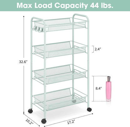 TOOLF 3-Tier Metal Rolling Cart, Mesh Wire Easy Assemble Utility Cart, Storage Trolley on Wheels with 3 Hooks, MetalStorage Shelving Units for Kitchen Bathroom Laundry Room
