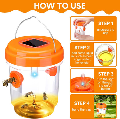 Wasp Trap Solar Powered Bee Trap Reusable Fly Traps Outdoor Hanging Wasp Killer with UV LED Light Flying Insects Bee Killer for Indoor Outside Patio Garden Home (6, Yellow)