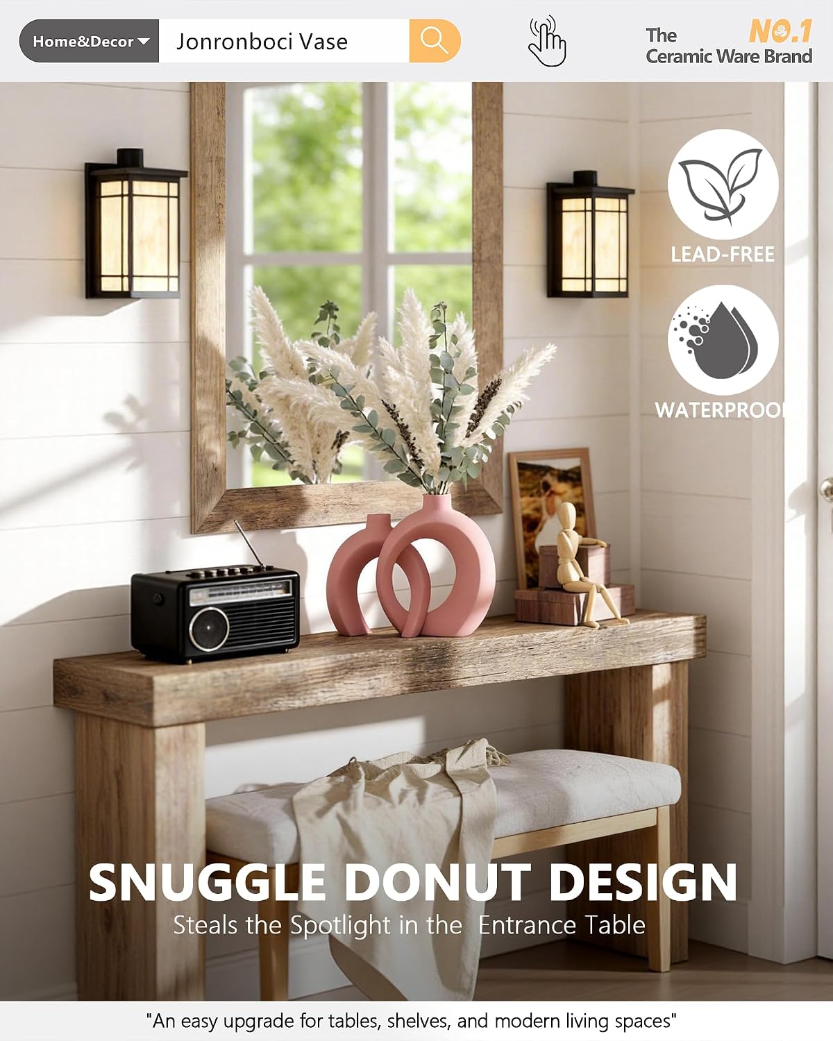 7.2″Hx8.9″H Donut Shape Decorative Vase Set of 2, Ceramic, Modern Minimalism Styles, Flowers or Plant Table Vases for Home Decor Living Room Shelf Entry Console Mantle Dining Centerpiece (Matte White)
