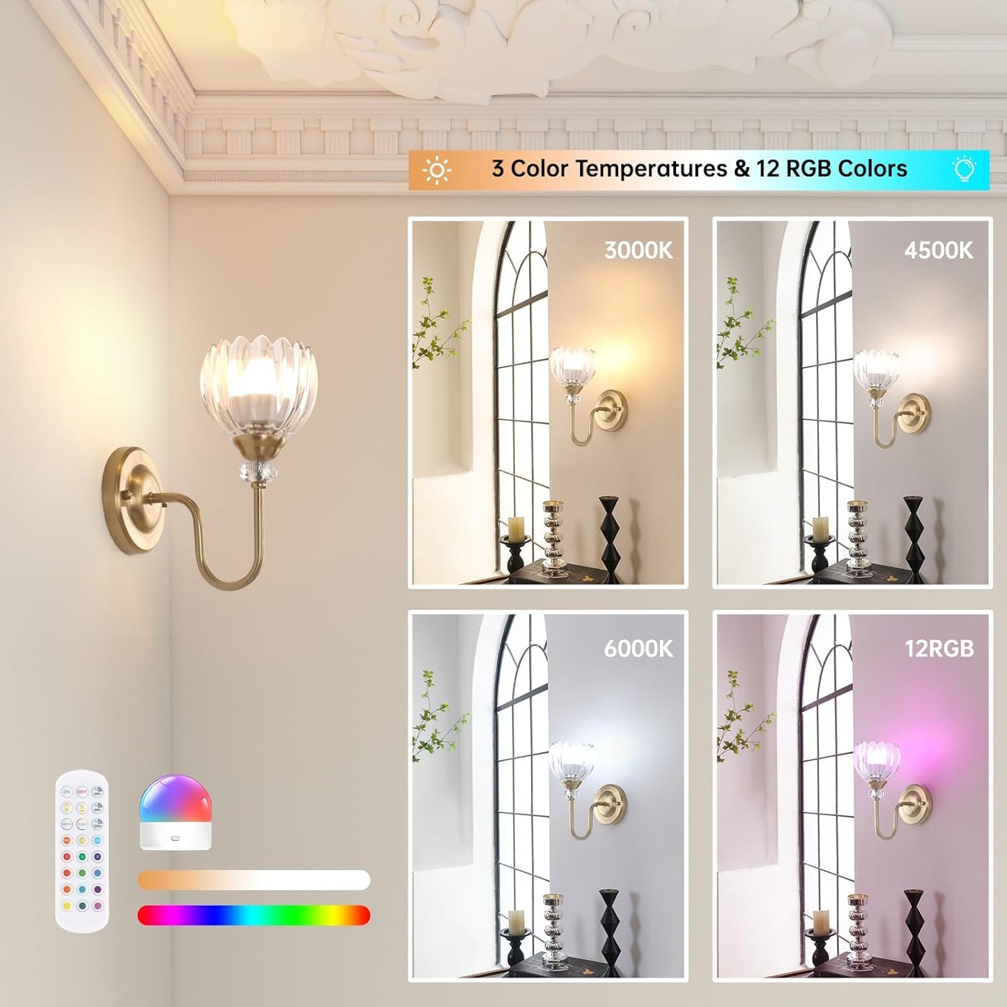 Set of 2 Vintage Battery Operated Wall Sconce, Rechargeable Wall Lamp with 5000mAh Battery & Remote Control, Dimmable Wall Lights with tulip shade for Bedroom Bathroom Living Room, (Tulip Amber Up)