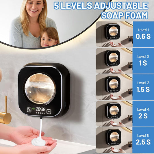Automatic Soap Dispenser, 320ML Touchless Smart Hand Soap Dispenser, 3 Adjustable Soap Levels, Rechargeable Wall Mounted Electric Foam Soap Dispenser for Bathroom Kitchen Office (White - T1)