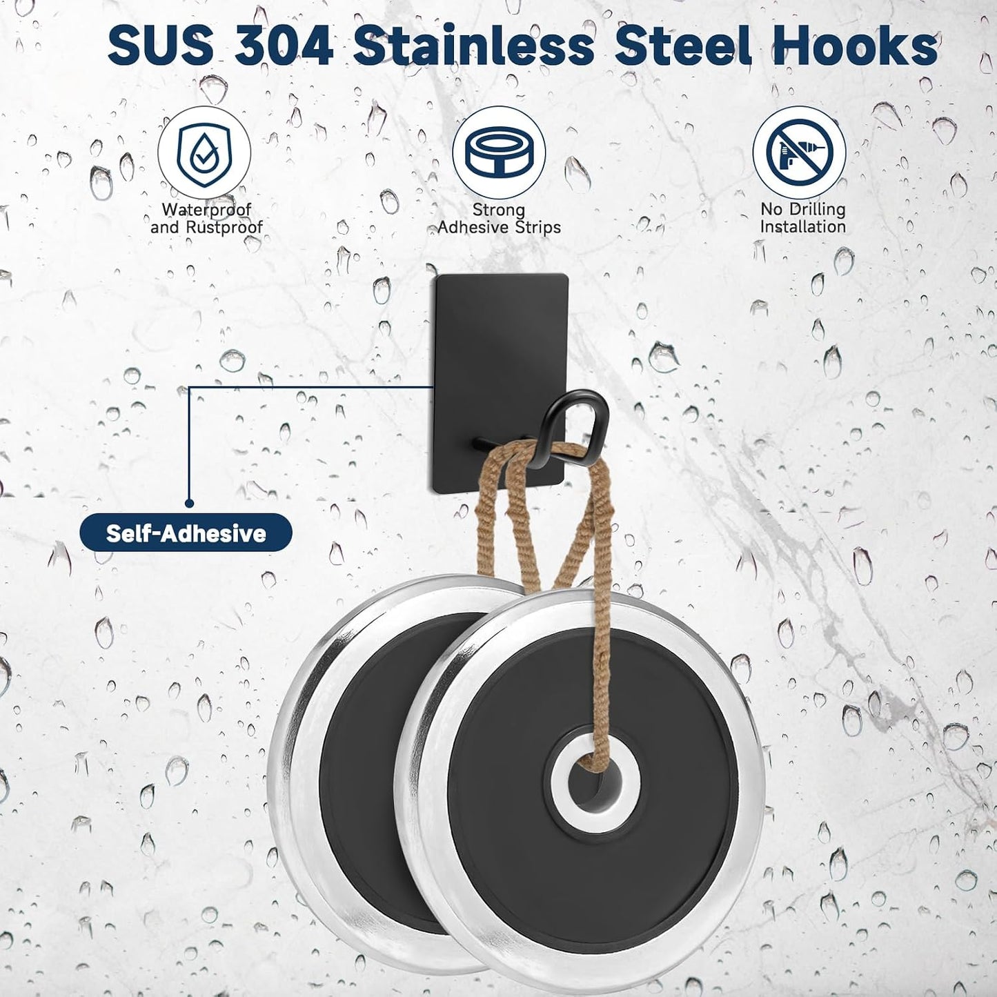 Self Adhesive Hooks Heavy Duty, Large Stainless Steel Towel Hooks, No Drill Sticky Hooks, Long Stick on Shower Wall Hooks for Hanging Hat Coat Key Headphone (Black(4Pcs))
