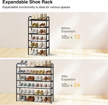 STO STO Expandable Shoe Rack, 3-Tier Metal Small Shoe Rack for Closet, Up to 16 Pairs Adjustable Shoes Racks Storage for Front Door Entrance, Free Standing Shoes Rack Organizer for Entryway, Black