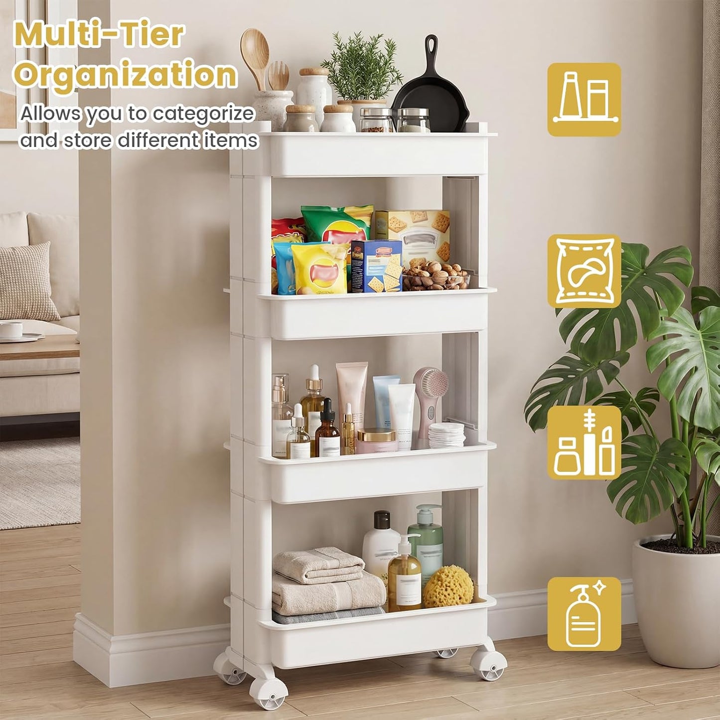 GOFLAME 4-Tier Rolling Utility Cart, Multifunctional Slim Storage Trolley with Detachable Trays and Wheels, Mobile Shelving Unit Organizer for Kitchen, Living Room and Bathroom (20” × 5” × 40”)