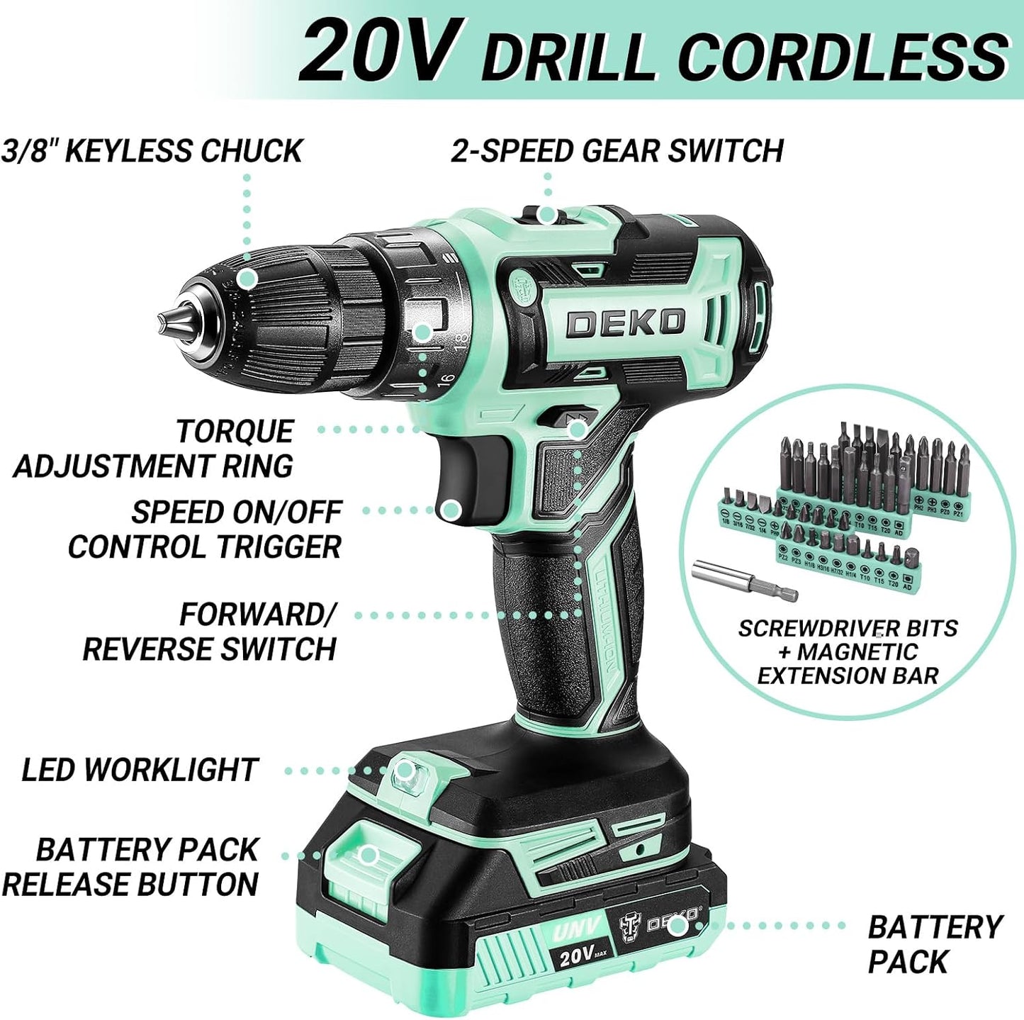 Cordless Drill Tool Kit Set: 20V Power Drill Tool Box with Battery Electric Drill Driver for Men Home Hand Repair Basic Toolbox Tools Sets Drills Case