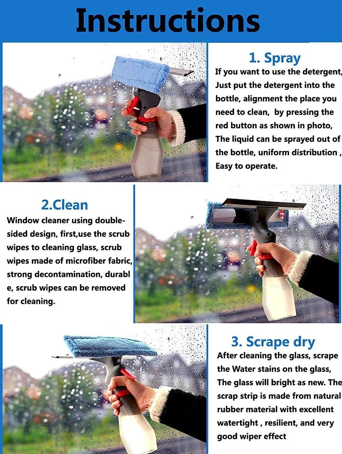 3 in 1 Window Cleaner Squeegee,Microfiber Window Washer,Glass Cleaning Tool Wiper with Spray Bottle for Home Window, Car Window